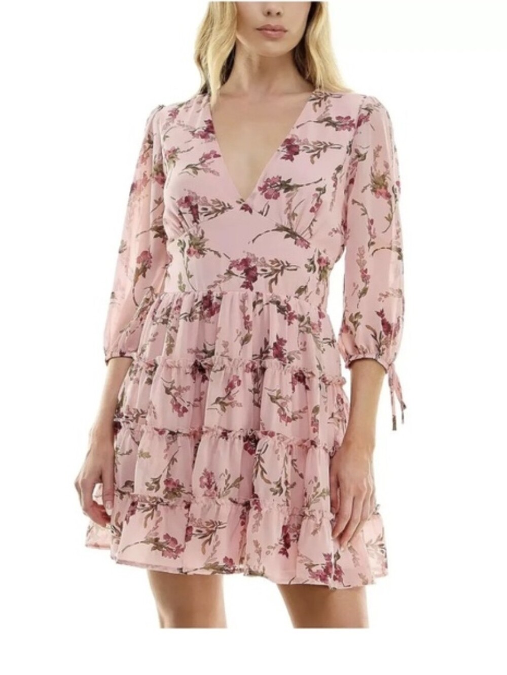 Pink Floral Tiered V-Neck Mini Dress